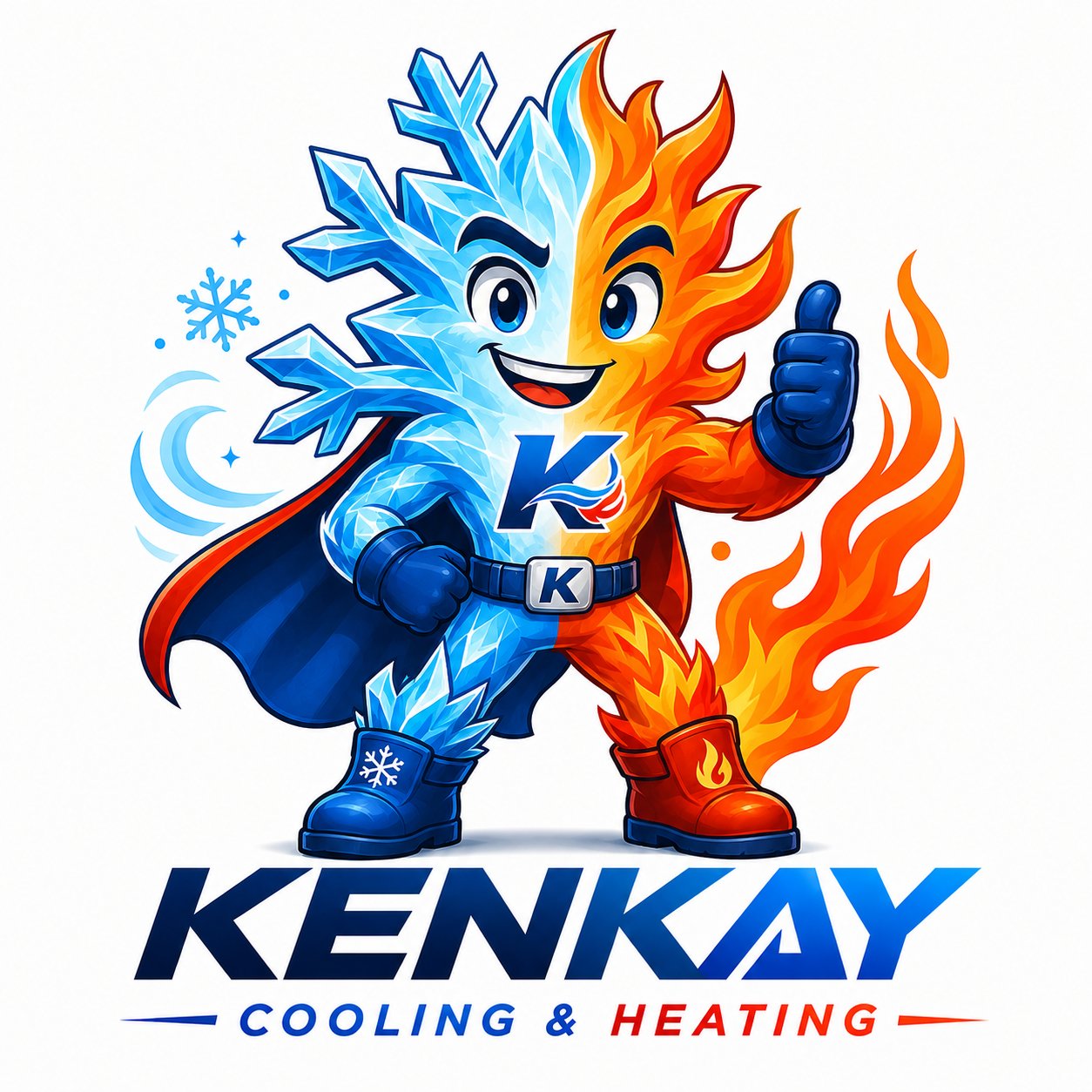 Kenkay fire and ice mascot giving a thumbs up
